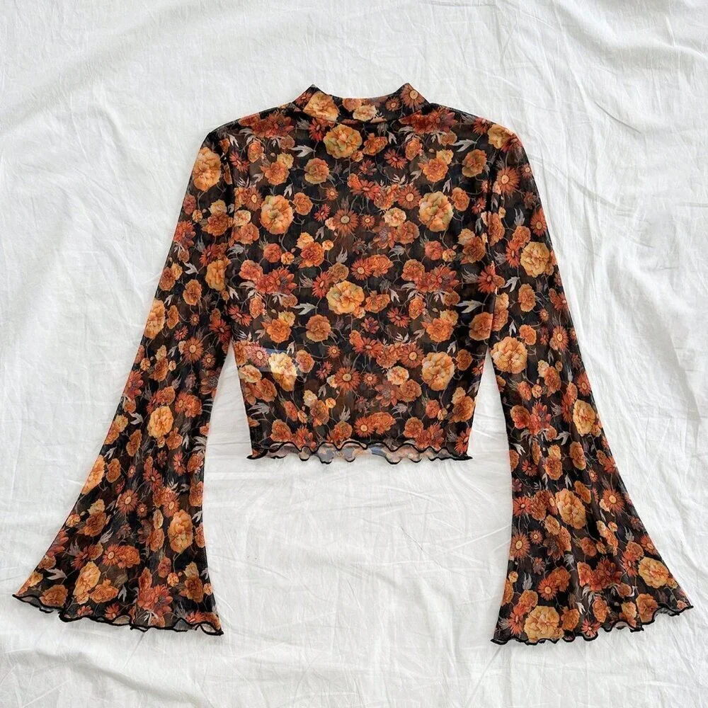 Multicolor Casual Women's Ditsy Floral Stand Collar Flare Sleeve mesh top